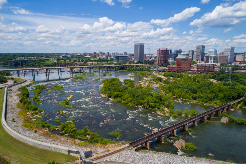 Aerial drone image of Downtown Richmond VA and James River