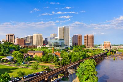 Richmond, Virginia, USA downtown skyline on the James River