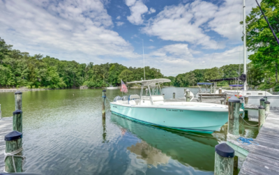 Docked boat on your very own dock at your Northern Neck Waterfront dream home