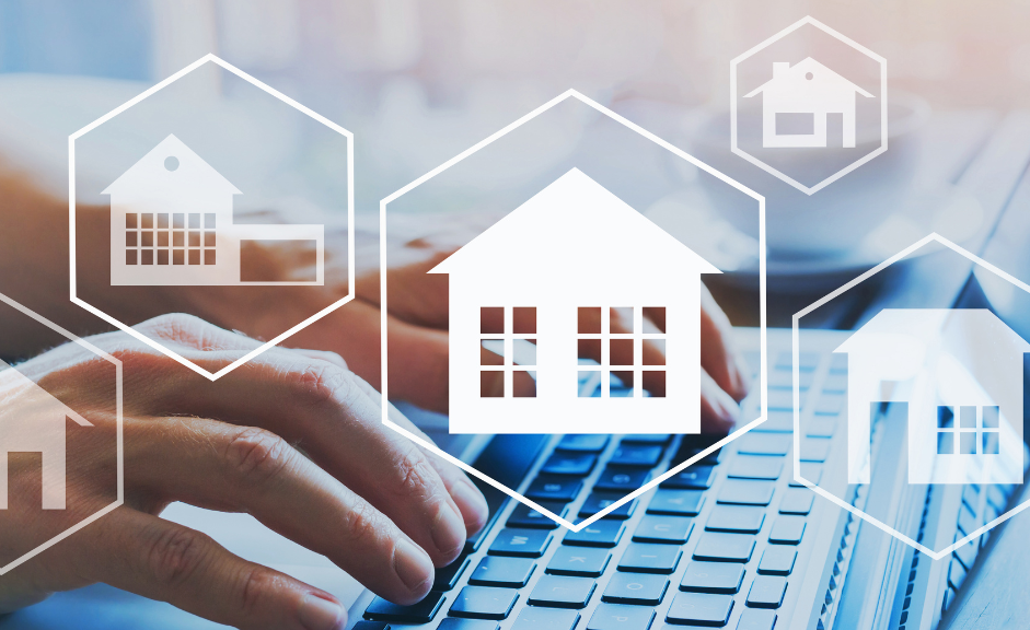 Laptop in the background with overlays of white icons of houses