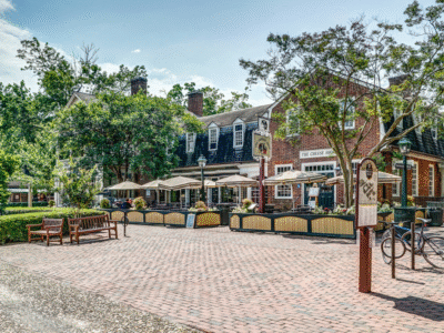 Brick sidewalk flanked by trees, shrubs, and local businesses in brick buildings.