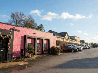 Pink building with black trim in a strip mall with cars in the parking lot.